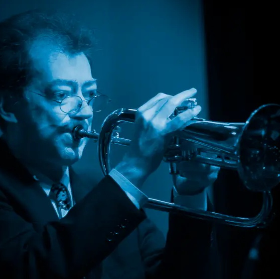 Vinnie Bourke on flugelhorn with The Twenty 20s, live — photo by The Shot
